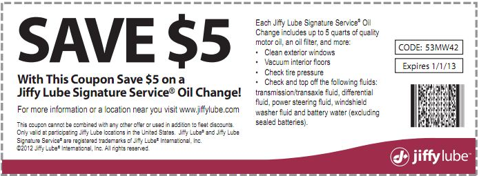 Jiffy Lube: $5 off Printable Coupon