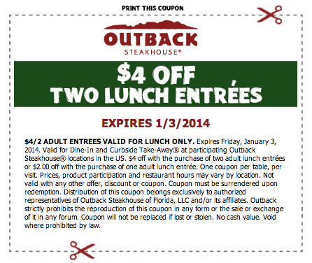 Outback Steakhouse: $4 off Lunch Printable Coupon