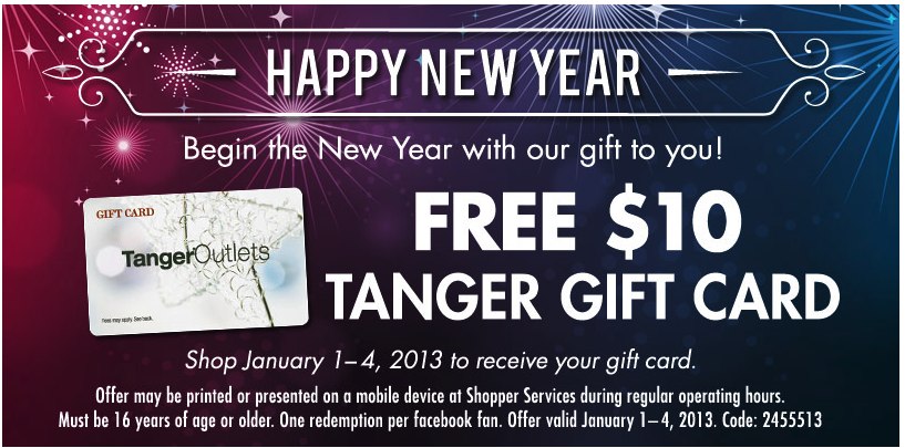 Tanger Outlets: Free $10 Gift Card Printable Coupon