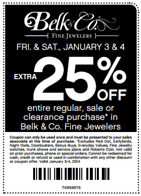 Belk.com: 25% off Jewelers Printable Coupon