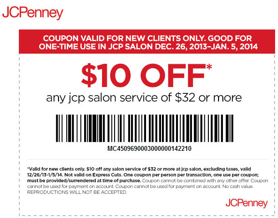 JCPenney Salon: $10 off $32 Printable Coupon