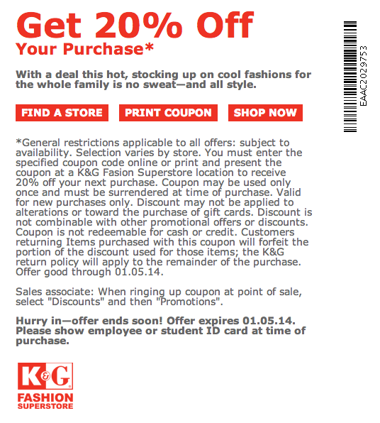 K&G Fashion Superstore: 20% off Printable Coupon