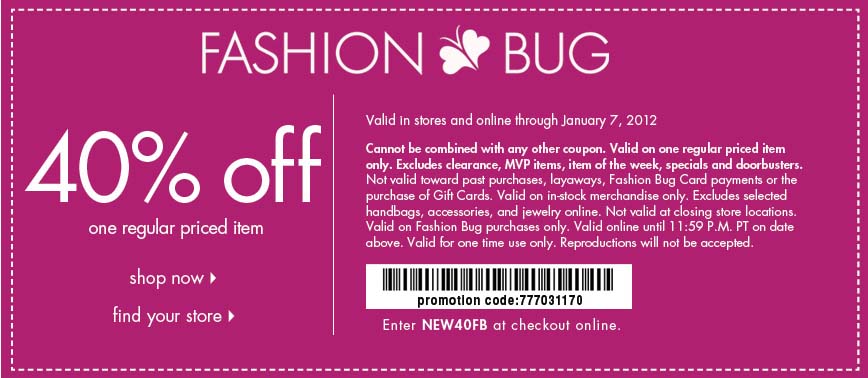 Fashion Bug: 40% off Printable Coupon