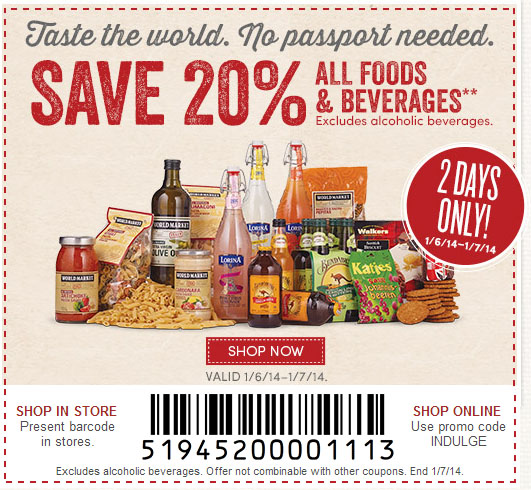 World Market: 20% off Food & Beverage Printable Coupon