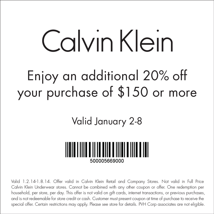 Calvin Klein: 20% off $150 Printable Coupon