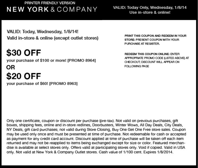 New York & Company: $20-$30 off Printable Coupon