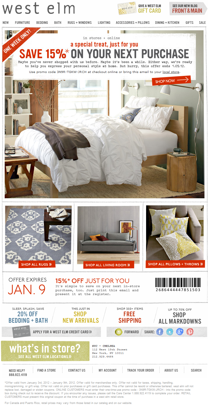 West Elm: 15% off Printable Coupon