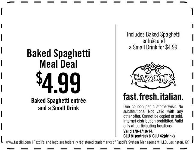 Fazolis: $4.99 Spaghetti Meal Printable Coupon