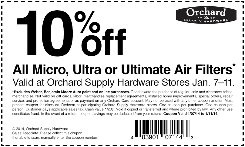 Orchard Supply Hardware: 10% off Filters Printable Coupon
