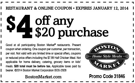 Boston Market: $4 off $20 Printable Coupon