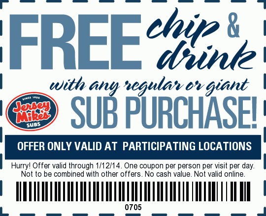 Jersey Mike's Subs: Free Chips & Drinks Printable Coupon