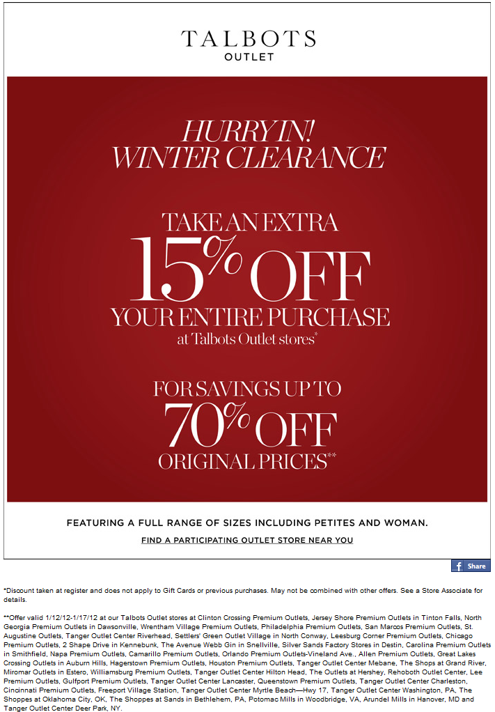 Talbots Outlet: 15% off Printable Coupon