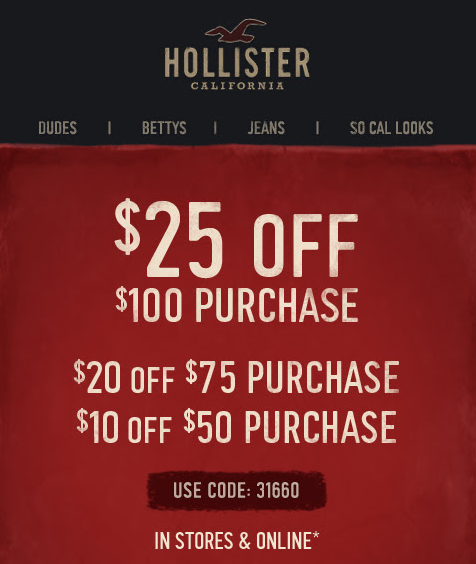Hollister: $10-$30 off Printable Coupon