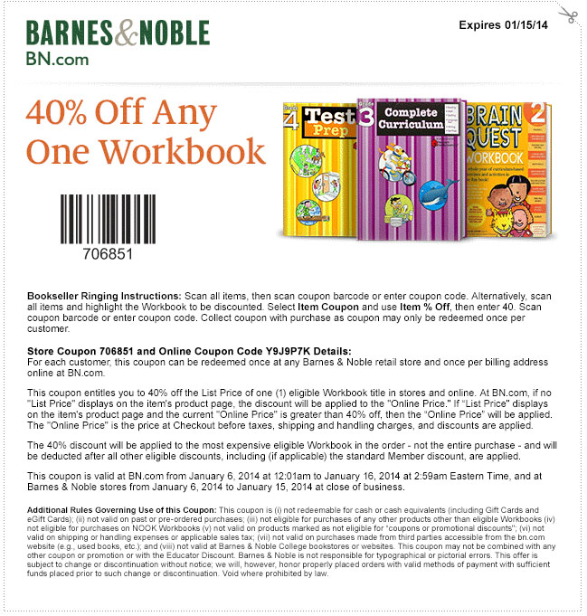 Barnes and Noble: 40% off Workbook Printable Coupon