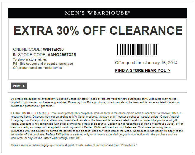 Mens Wearhouse: 30% off Printable Coupon