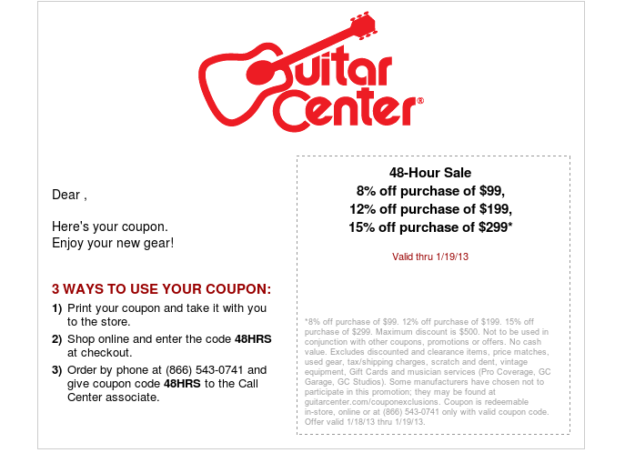 Guitar Center: 8%-15% off Printable Coupon