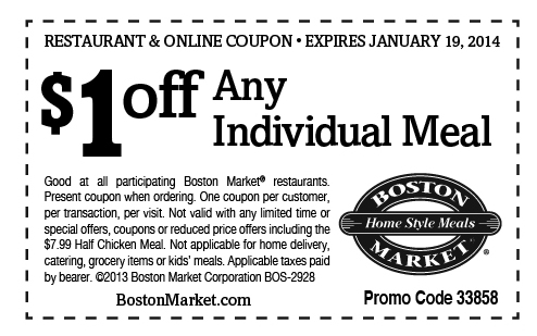Boston Market: $1 off Meal Printable Coupon