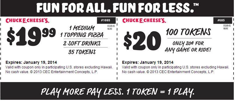 Chuck E Cheese: 2 Printable Coupons