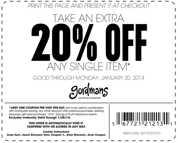 Gordmans: 20% off Item Printable Coupon