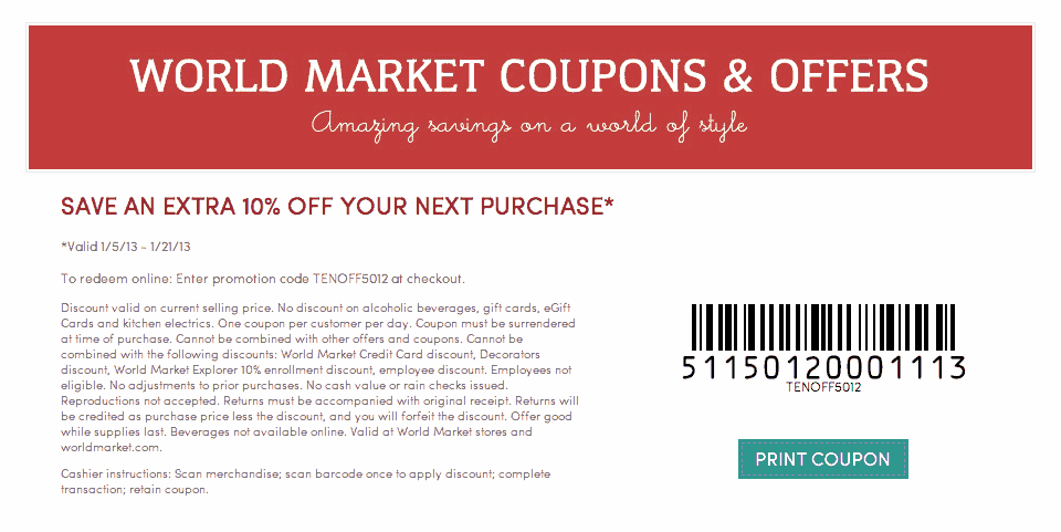 WorldMarket.com Promo Coupon Codes and Printable Coupons