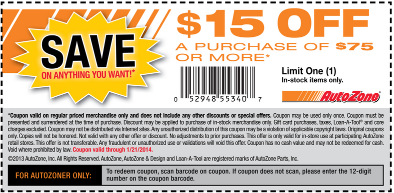 AutoZone: $15 off $75 Printable Coupon