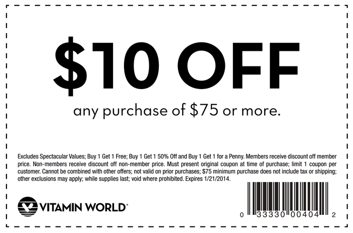 Vitamin World: $10 off $75 Printable Coupon