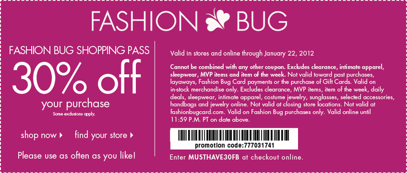 Fashion Bug: 30% off Printable Coupon