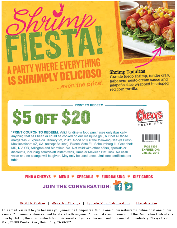 Chevys Fresh Mex Promo Coupon Codes and Printable Coupons