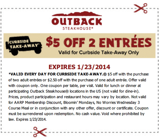 Outback Steakhouse: $5 off Take-Away Printable Coupon