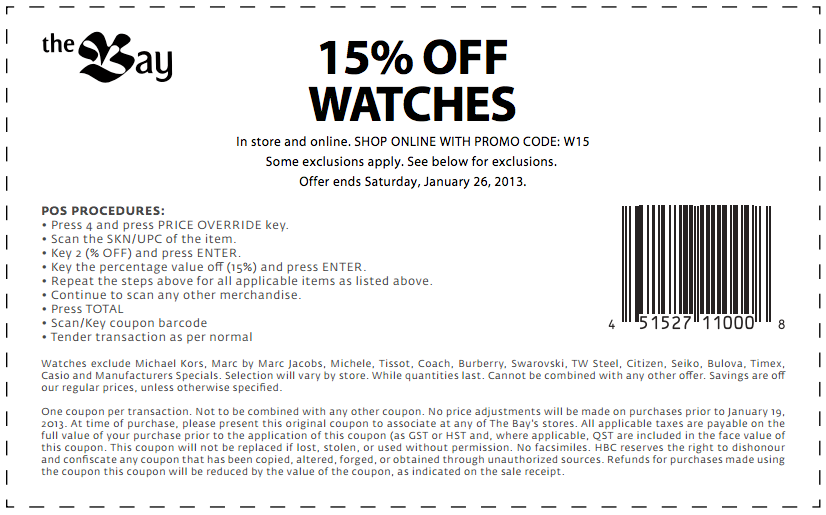 The Bay: 15% off Watches Printable Coupon