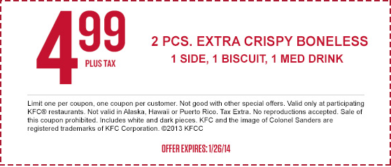 KFC: $4.99 2 Piece Boneless Printable Coupon