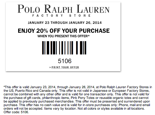 Ralph Lauren Factory Store: 20% off Printable Coupon
