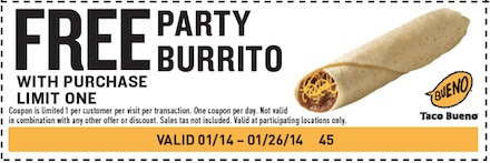 Taco Bueno: Free Party Burrito Printable Coupon