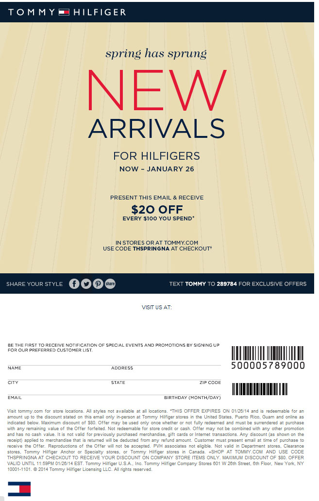 Tommy Hilfiger: $20 off $100 Printable Coupon