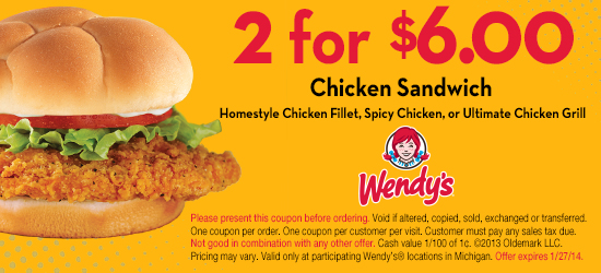 Wendys: $6 for 2 Chicken Sandwiches Printable Coupon
