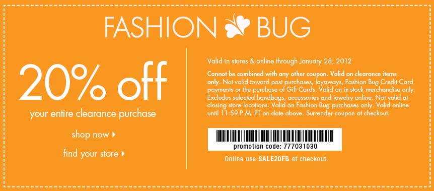 Fashion Bug Promo Coupon Codes and Printable Coupons