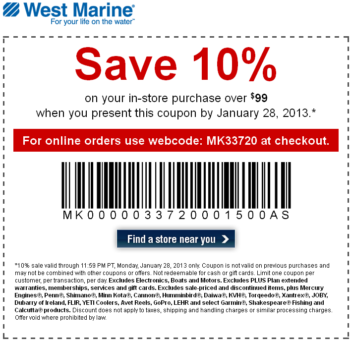 West Marine: 10% off $99 Printable Coupon