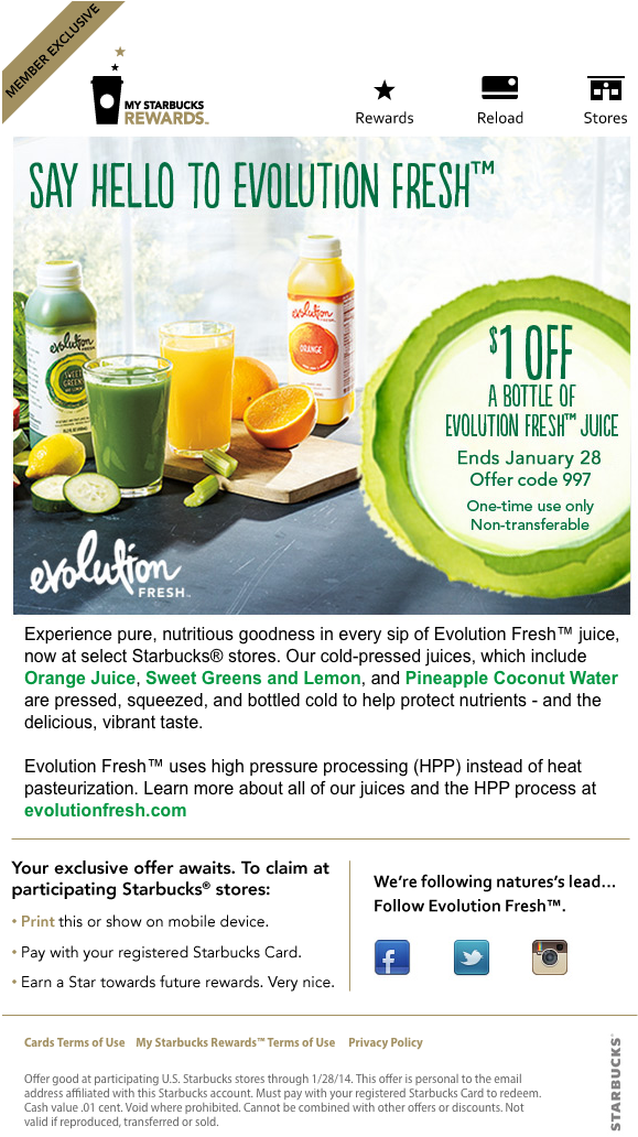 Starbucks: $1 off Fresh Evolution Juice Printable Coupon