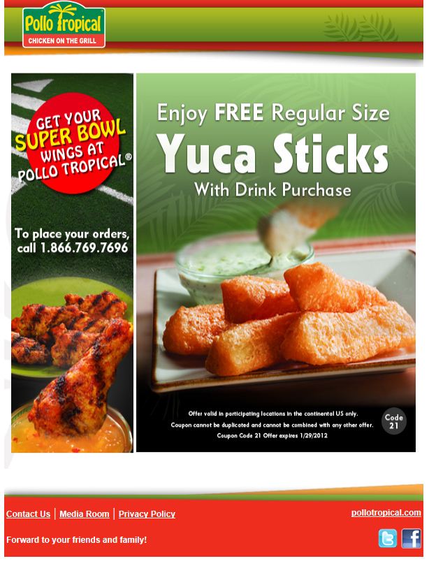 Pollo Tropical: Free Yuca Sticks Printable Coupon