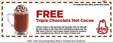Arbys: Free Chocolate Cocoa Printable Coupon