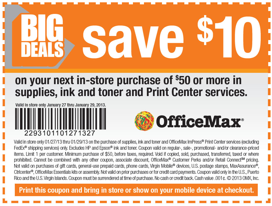 OfficeMax 10 off 50 Printable Coupon