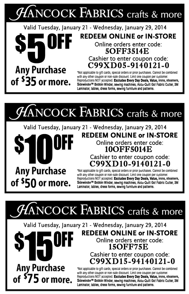 Hancock Fabrics: $5-$15 off Printable Coupon