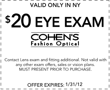 Cohens Fashion Optical: $20 Exam Printable Coupon