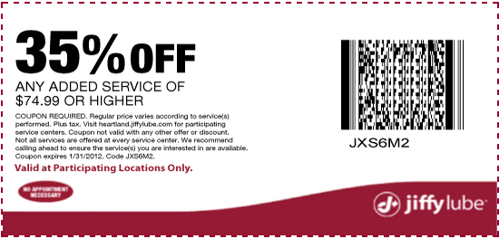Jiffy Lube: 35% off $74.99 Service Printable Coupon