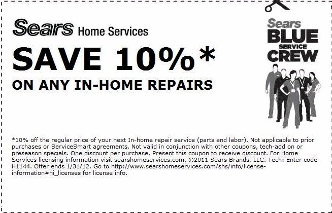 Sears Home Improvements: 10% off Repairs Printable Coupon