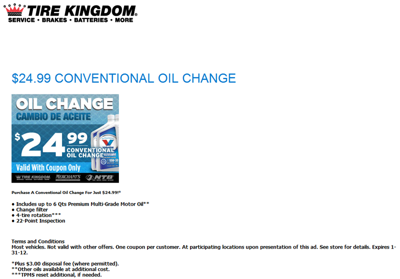 Tire Kingdom: $24.99 Oil Change Printable Coupon