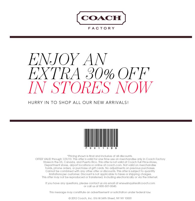 Coach Factory Store: 30% off Printable Coupon