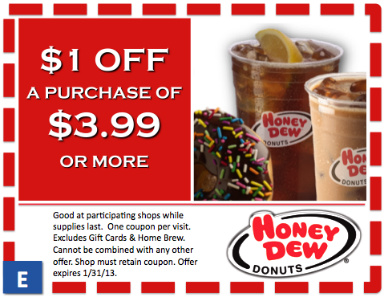 Honey Dew Donuts: $1 off Printable Coupon