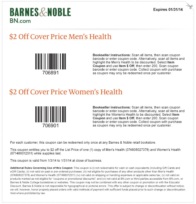 Barnes & Noble: $2 off Men's & Women's Health Printable Coupon