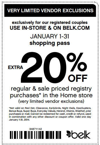 Belk.com: 20% off Registry Printable Coupon